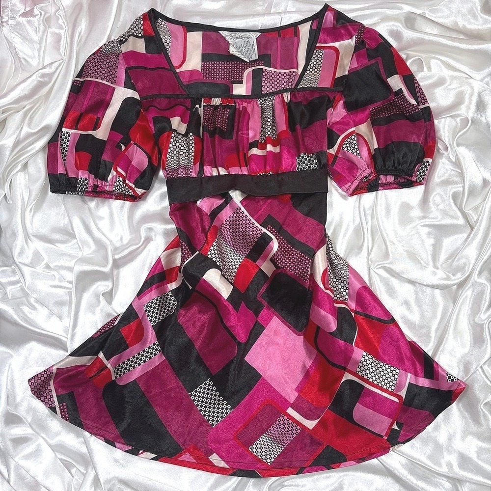 y2k Speechless Blouse Pink Excellent Geometric Empire Waist Puff Sleeve Top